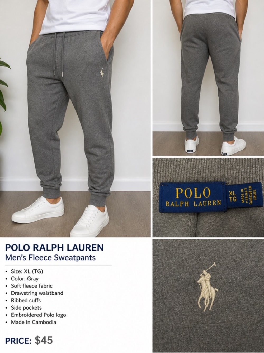 Ralph Lauren Men's Gray Fleece Joggers with Embroidered Polo Logo